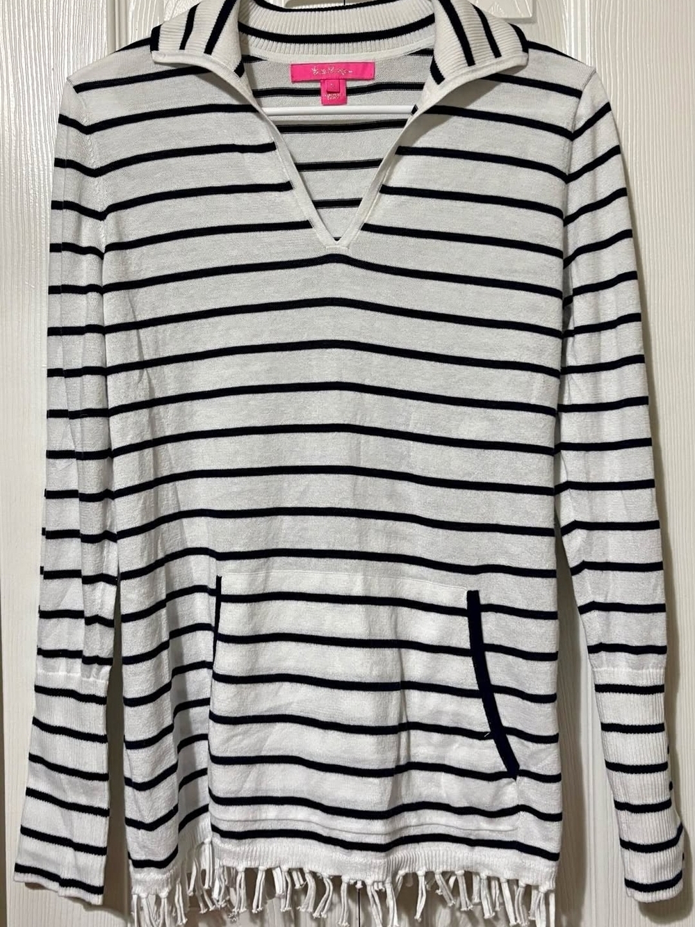 Lilly Pulitzer White and Black Striped V-Neck Fringe Pullover